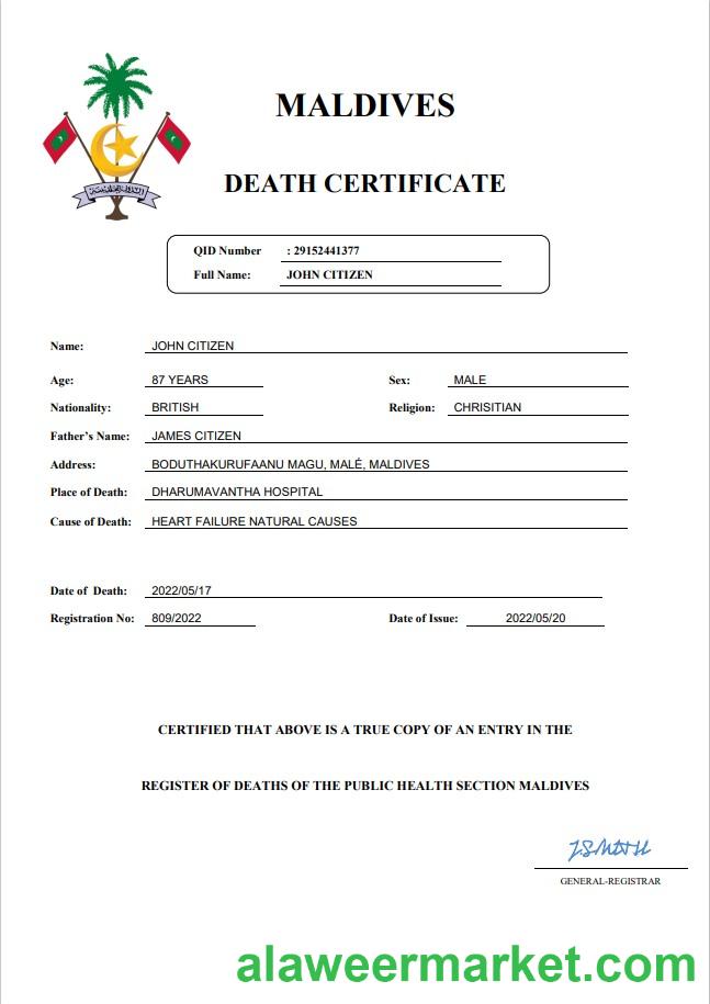 Maldives vital record death certificate Word and PDF template